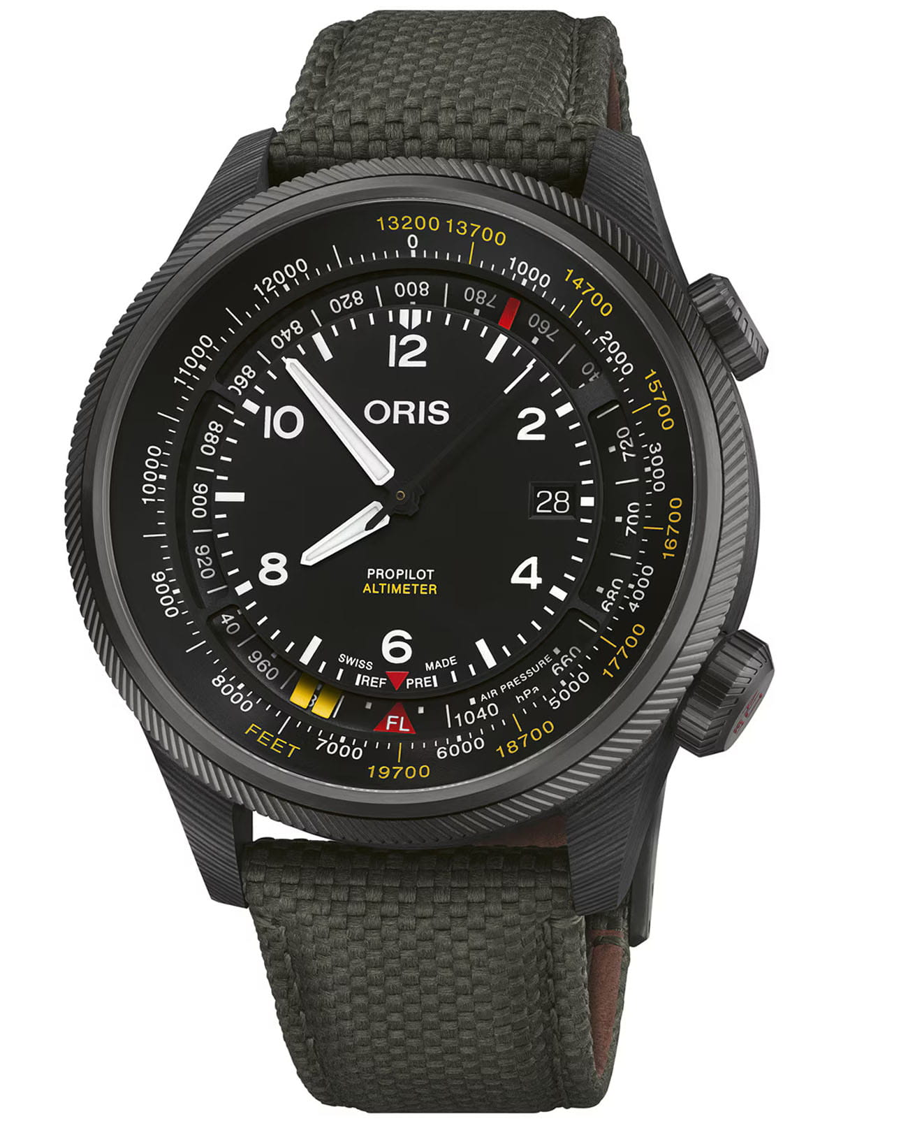 Oris Oris Propilot Altimer 01 793 7775 8734-Set  01 793 7775 8734-Set механические мужские часы черный циферблат, браслет тканевый — вид спереди
